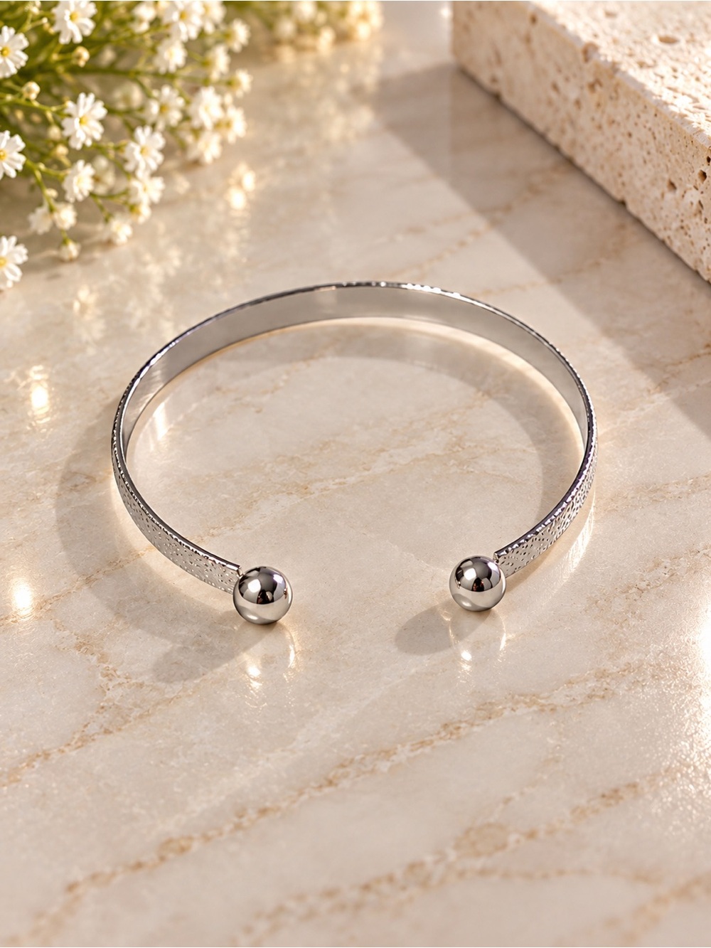 Silver Open Cuff Bracelet with Ball Ends - Women's Jewelry